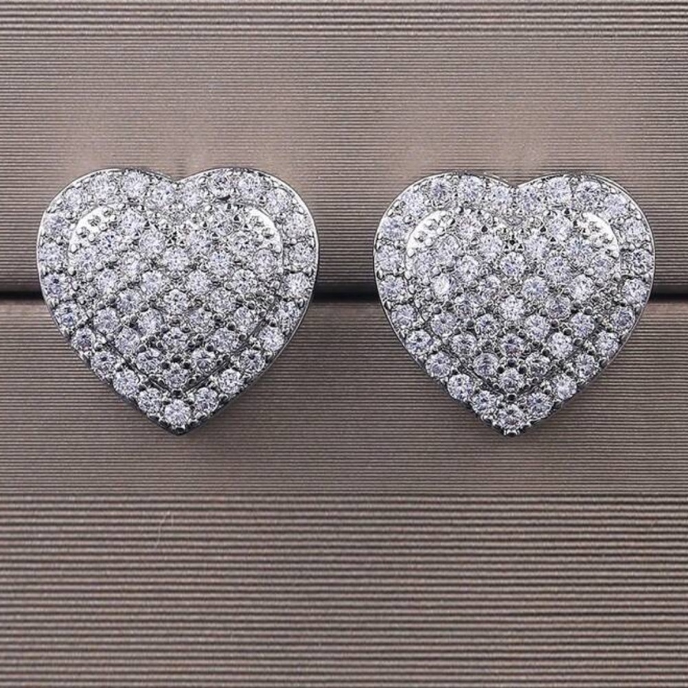 HEART SHAPED CUBIC ZIRCONIA PAVE STUD  SILVER TONE Beautiful EARRINGS